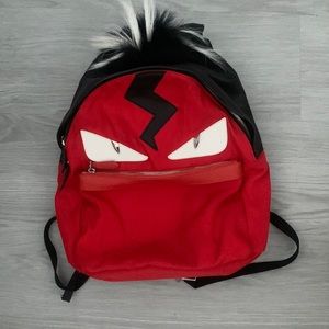 Red Nylon and Leather Fox Fur Mohawk Monster Face Bag